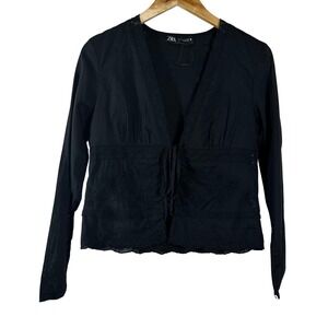 Zara Women's Top Black Cotton Front Tie Lightweight Lace‎ Long Sleeves Size M